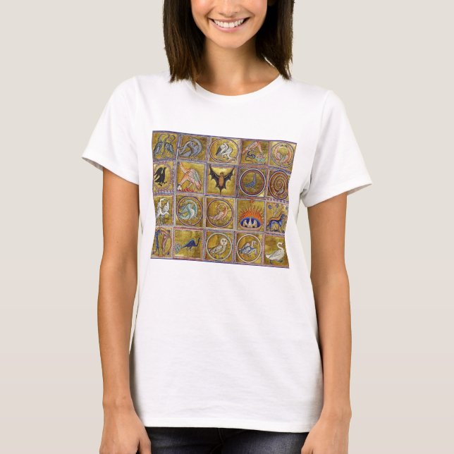 MEDIEVAL BESTIARY, FANTASTIC ANIMALS,GOLD RED BLUE T-Shirt (Front)