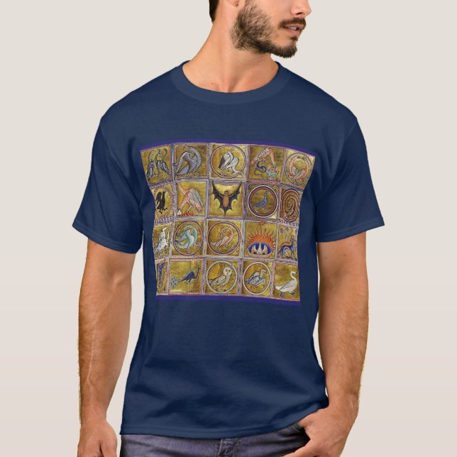 MEDIEVAL BESTIARY, FANTASTIC ANIMALS,GOLD RED BLUE T-Shirt (Front)
