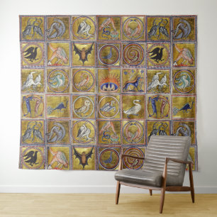 MEDIEVAL BESTIARY, FANTASTIC ANIMALS,GOLD RED BLUE TAPESTRY