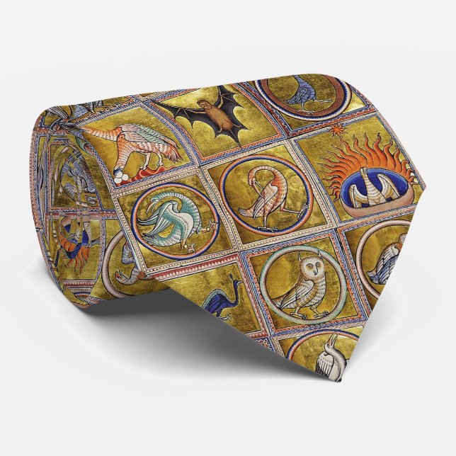 MEDIEVAL BESTIARY, FANTASTIC ANIMALS,GOLD RED BLUE TIE (Rolled)