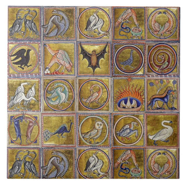 MEDIEVAL BESTIARY, FANTASTIC ANIMALS,GOLD RED BLUE TILE (Front)