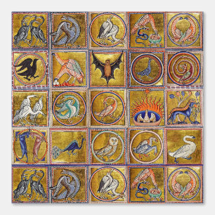 MEDIEVAL BESTIARY, FANTASTIC ANIMALS,GOLD RED BLUE WALLPAPER