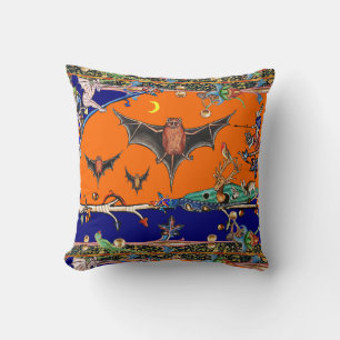 MEDIEVAL BESTIARY,FLYING BATS FOREST ANIMAL Orange Cushion