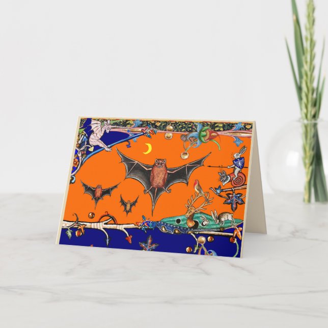 MEDIEVAL BESTIARY,FLYING BATS FOREST ANIMAL Orange Holiday Card (Front)