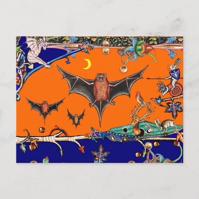 MEDIEVAL BESTIARY,FLYING BATS FOREST ANIMAL Orange Postcard (Front)