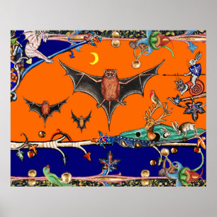 MEDIEVAL BESTIARY,FLYING BATS FOREST ANIMAL Orange Poster