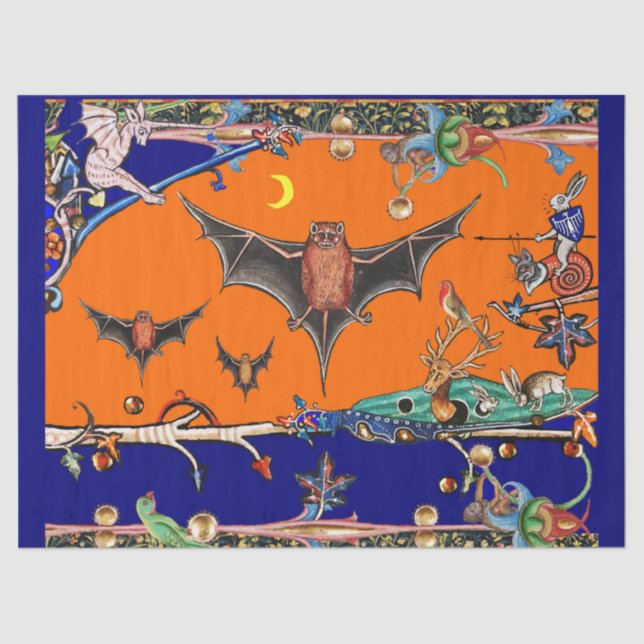 MEDIEVAL BESTIARY,FLYING BATS FOREST ANIMAL Orange Tissue Paper (Front)