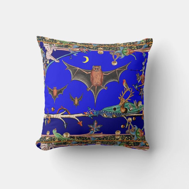 MEDIEVAL BESTIARY,FLYING BATS FOREST ANIMALS Blue Cushion (Front)
