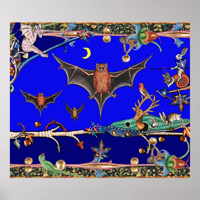 MEDIEVAL BESTIARY,FLYING BATS FOREST ANIMALS Blue Poster (Front)