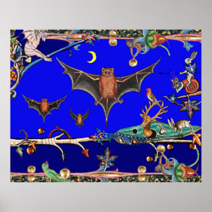 MEDIEVAL BESTIARY,FLYING BATS FOREST ANIMALS Blue Poster