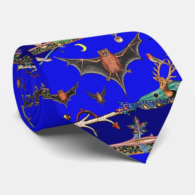 MEDIEVAL BESTIARY,FLYING BATS,FOREST ANIMALS Blue Tie (Rolled)