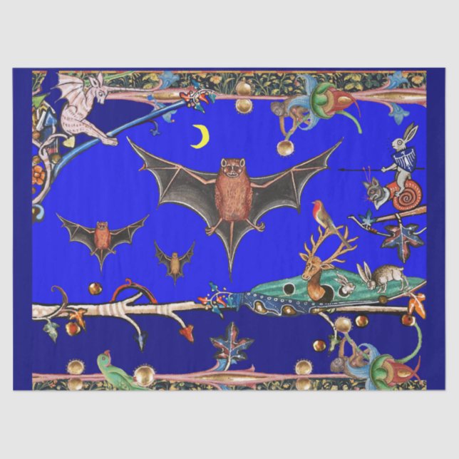 MEDIEVAL BESTIARY,FLYING BATS FOREST ANIMALS Blue  Tissue Paper (Front)