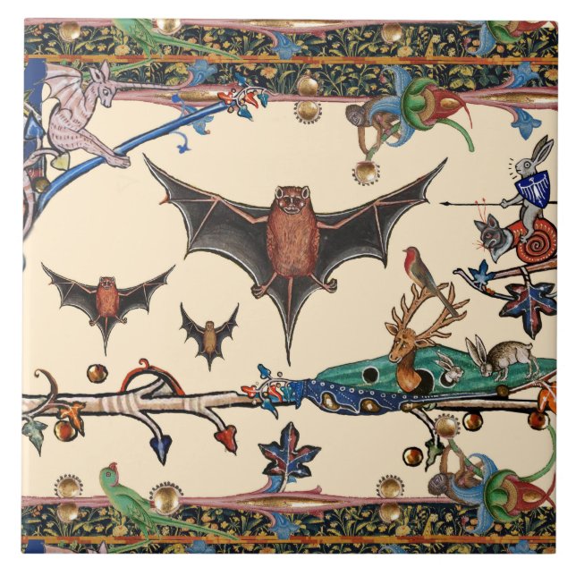 MEDIEVAL BESTIARY,FLYING BATS FOREST ANIMALS Cream Tile (Front)