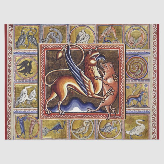 MEDIEVAL BESTIARY,GRYPHON AND WILD BOAR,ANIMALS TISSUE PAPER (Front)