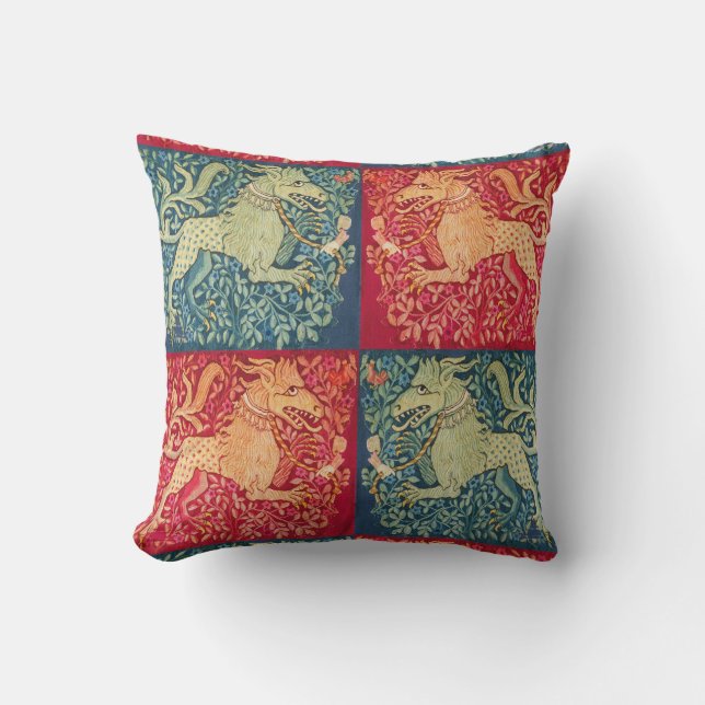 MEDIEVAL BESTIARY Lion Like Beast in Red Blue Cushion (Front)