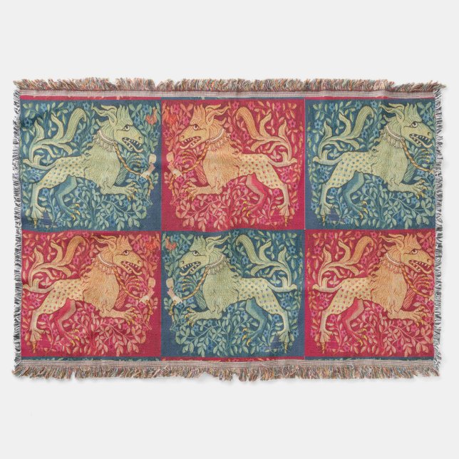 MEDIEVAL BESTIARY Lion Like Beast in Red Blue Throw Blanket (Front)