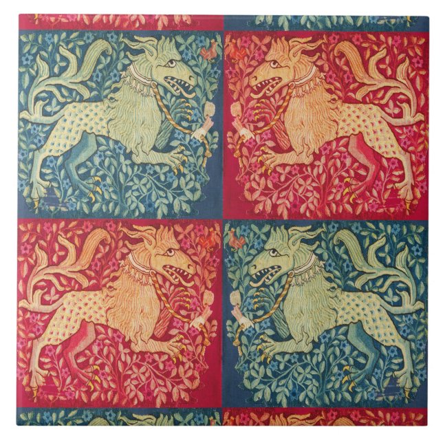 MEDIEVAL BESTIARY Lion Like Beast in Red Blue Wrap Tile (Front)