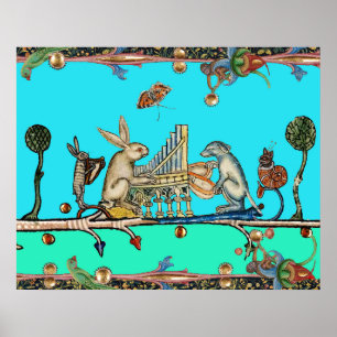 MEDIEVAL BESTIARY MAKING MUSIC,Rabbit,Dog ,Blue Poster
