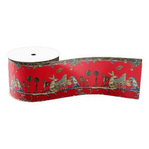 MEDIEVAL BESTIARY MAKING MUSIC,Rabbit,Dog ,Red Grosgrain Ribbon