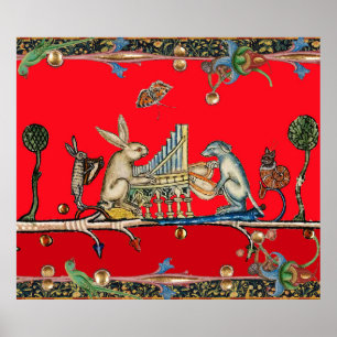 MEDIEVAL BESTIARY MAKING MUSIC,Rabbit,Dog ,Red  Poster