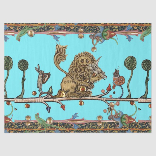 MEDIEVAL BESTIARY MAKING MUSIC Violinist Lion Blue Tissue Paper (Front)