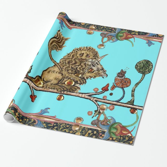 MEDIEVAL BESTIARY MAKING MUSIC Violinist Lion Blue Wrapping Paper (Unrolled)
