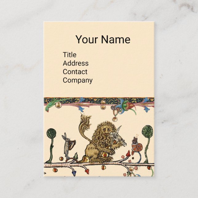 MEDIEVAL BESTIARY MAKING MUSIC Violinist Lion,Hare Business Card (Front)