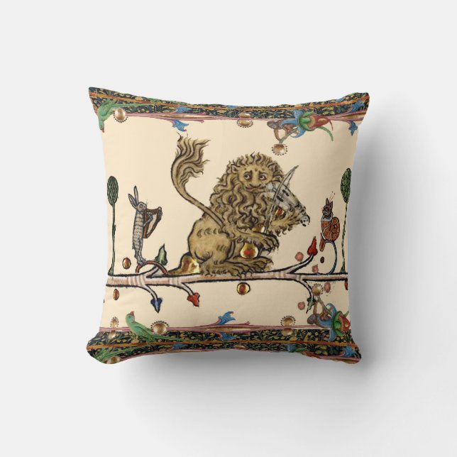 MEDIEVAL BESTIARY MAKING MUSIC Violinist Lion,Hare Cushion (Front)