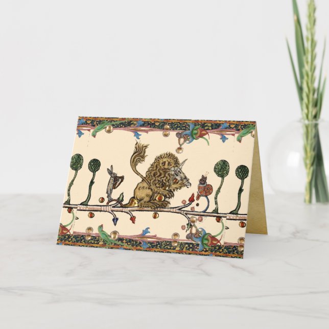 MEDIEVAL BESTIARY MAKING MUSIC Violinist Lion,Hare Holiday Card (Front)