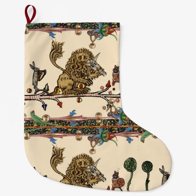 MEDIEVAL BESTIARY MAKING MUSIC Violinist Lion Hare Large Christmas Stocking (Front)