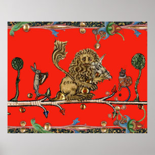 MEDIEVAL BESTIARY MAKING MUSIC Violinist Lion,Hare Poster