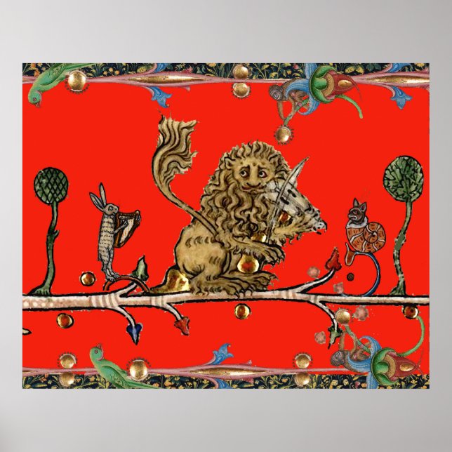 MEDIEVAL BESTIARY MAKING MUSIC Violinist Lion,Hare Poster (Front)