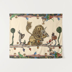 MEDIEVAL BESTIARY MAKING MUSIC Violinist Lion,Hare Tapestry