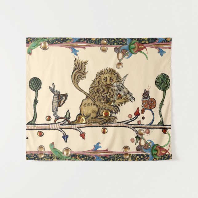 MEDIEVAL BESTIARY MAKING MUSIC Violinist Lion,Hare Tapestry (Front (Horizontal))