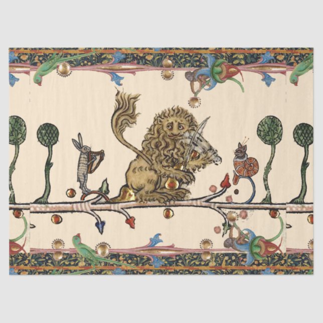 MEDIEVAL BESTIARY MAKING MUSIC Violinist Lion,Hare Tissue Paper (Front)