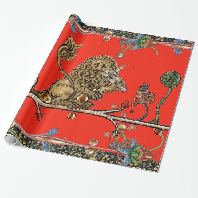 MEDIEVAL BESTIARY MAKING MUSIC Violinist Lion Red Wrapping Paper (Unrolled)