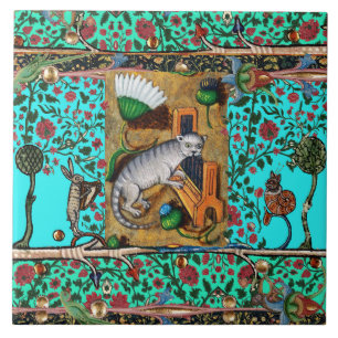  MEDIEVAL BESTIARY MUSIC,CAT PLAYING ORGAN Blue  Tile