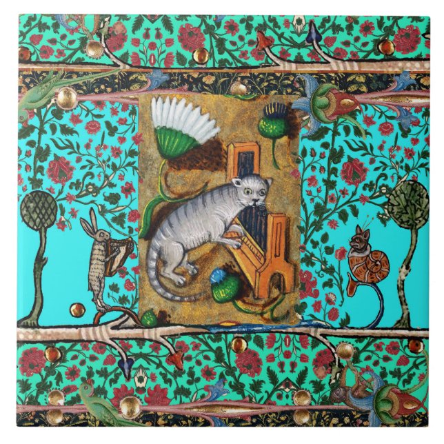  MEDIEVAL BESTIARY MUSIC,CAT PLAYING ORGAN Blue  Tile (Front)