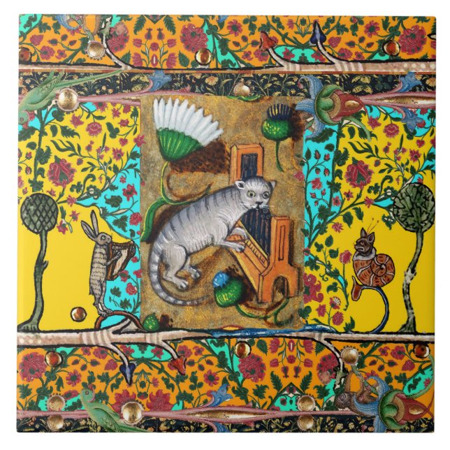  MEDIEVAL BESTIARY MUSIC,CAT PLAYING ORGAN Yellow Tile (Front)