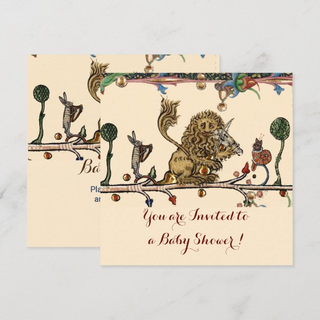 MEDIEVAL BESTIARY MUSIC Violinist Lion Baby Shower Invitation (Front/Back)