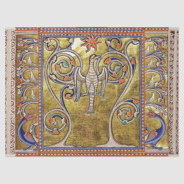 MEDIEVAL BESTIARY,PHOENIX ON TREE OF LIFE,DRAGONS  TISSUE PAPER (Front)