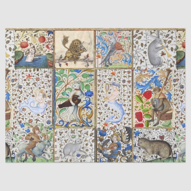 MEDIEVAL BESTIARY PLAYING MUSICAL INSTRUMENTS Blue Tissue Paper (Front)