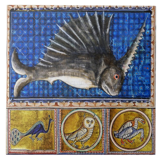 MEDIEVAL BESTIARY,UNICORN FISH ,FANTASTIC ANIMALS  TILE (Front)