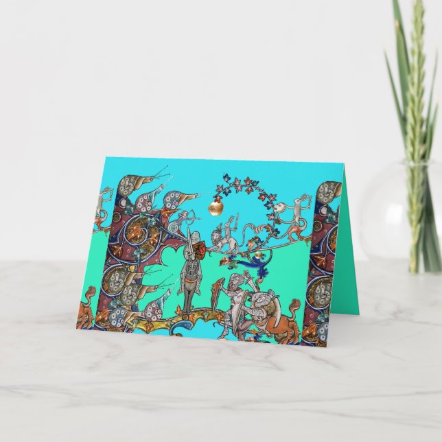 MEDIEVAL BESTIARY WAR, KNIGHTS,GIANT SNAILS Blue Holiday Card (Front)