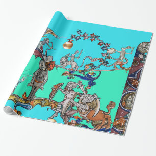MEDIEVAL BESTIARY WAR, KNIGHTS,GIANT SNAILS Blue Wrapping Paper