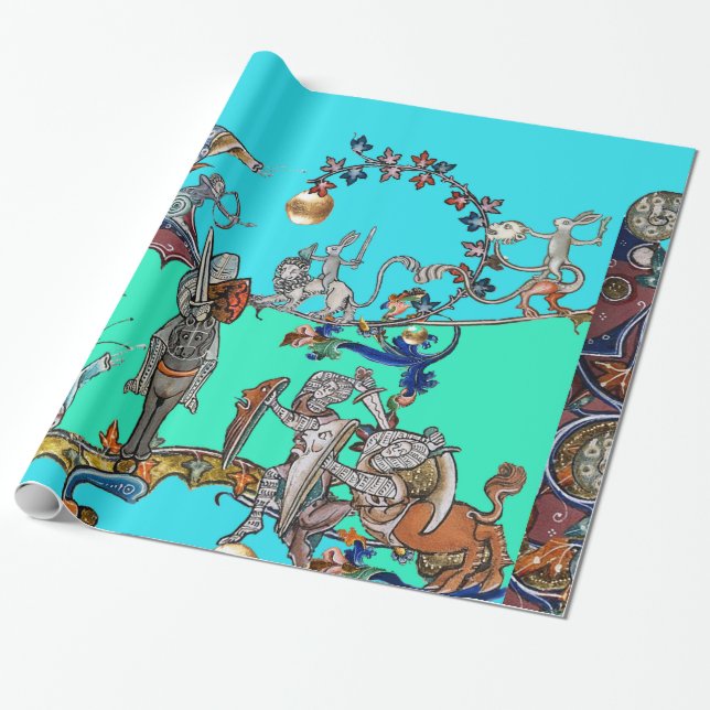 MEDIEVAL BESTIARY WAR, KNIGHTS,GIANT SNAILS Blue Wrapping Paper (Unrolled)