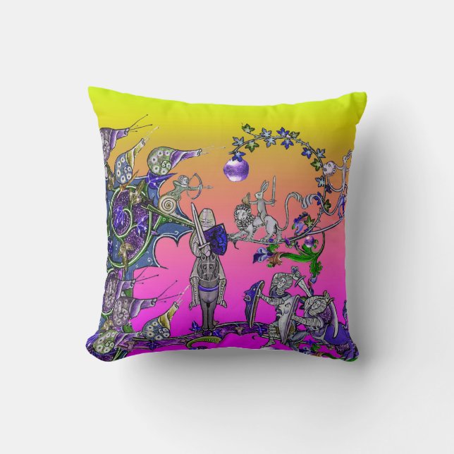MEDIEVAL BESTIARY WAR, KNIGHTS,GIANT SNAILS Pink Cushion (Front)