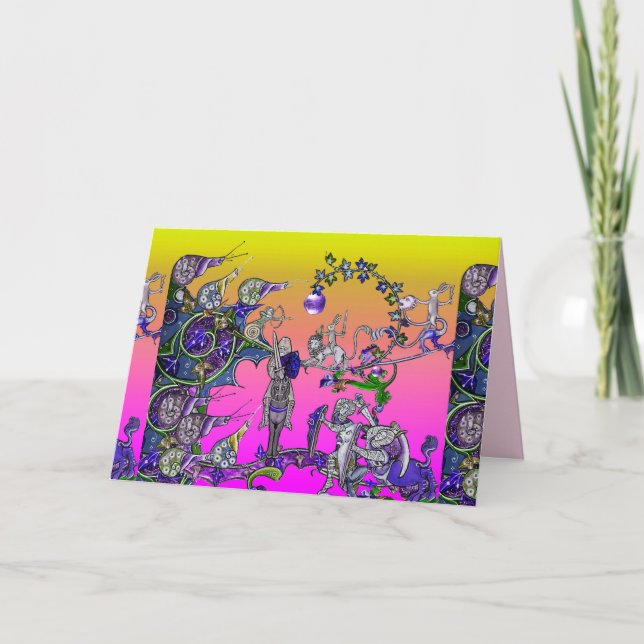 MEDIEVAL BESTIARY WAR, KNIGHTS,GIANT SNAILS Pink  Holiday Card (Front)