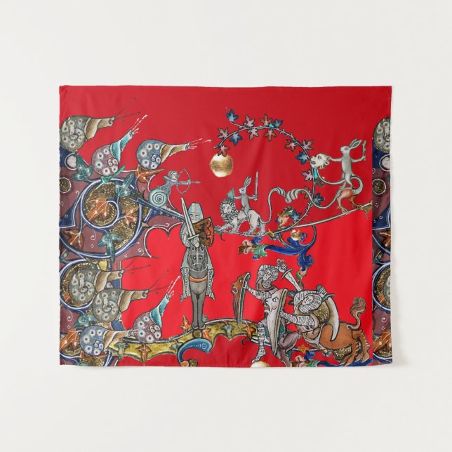 MEDIEVAL BESTIARY WAR, KNIGHTS,GIANT SNAILS Red Tapestry (Front (Horizontal))