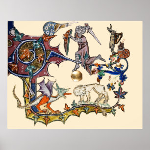 MEDIEVAL BESTIARY WAR Snail vs Knight ,Dragon.Lion Poster